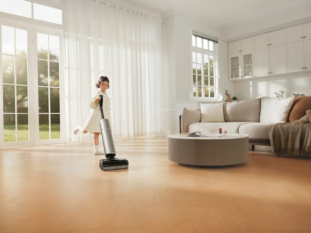 A young girl vacuums a bright, modern living room.