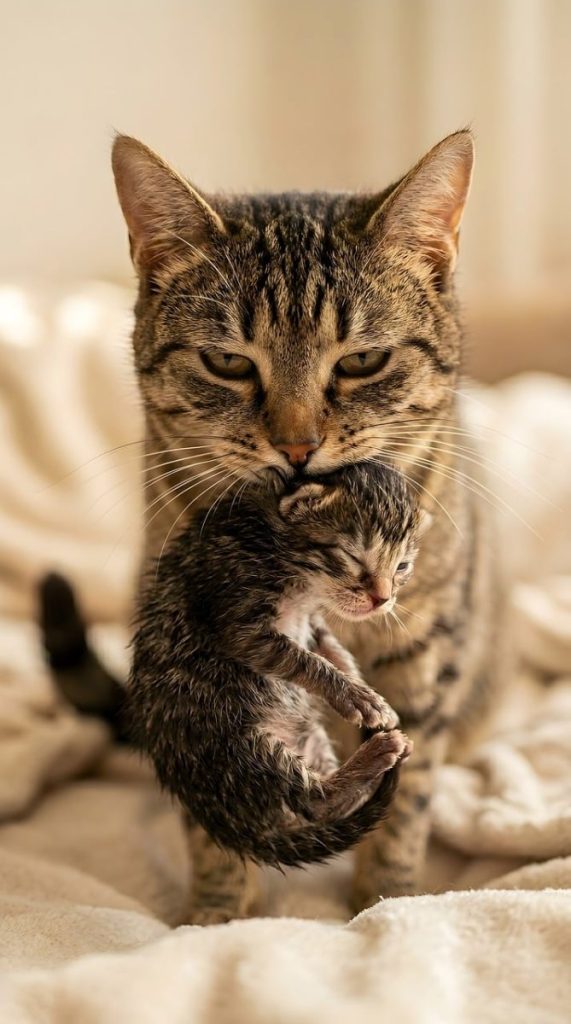 cat, kitten, motherhood, pet, care, protection, furry, gentle, carrying, affection, feline, adorable, nature, animal, mother and child, tabby, delicate, moving, tiny, vulnerable, mammal