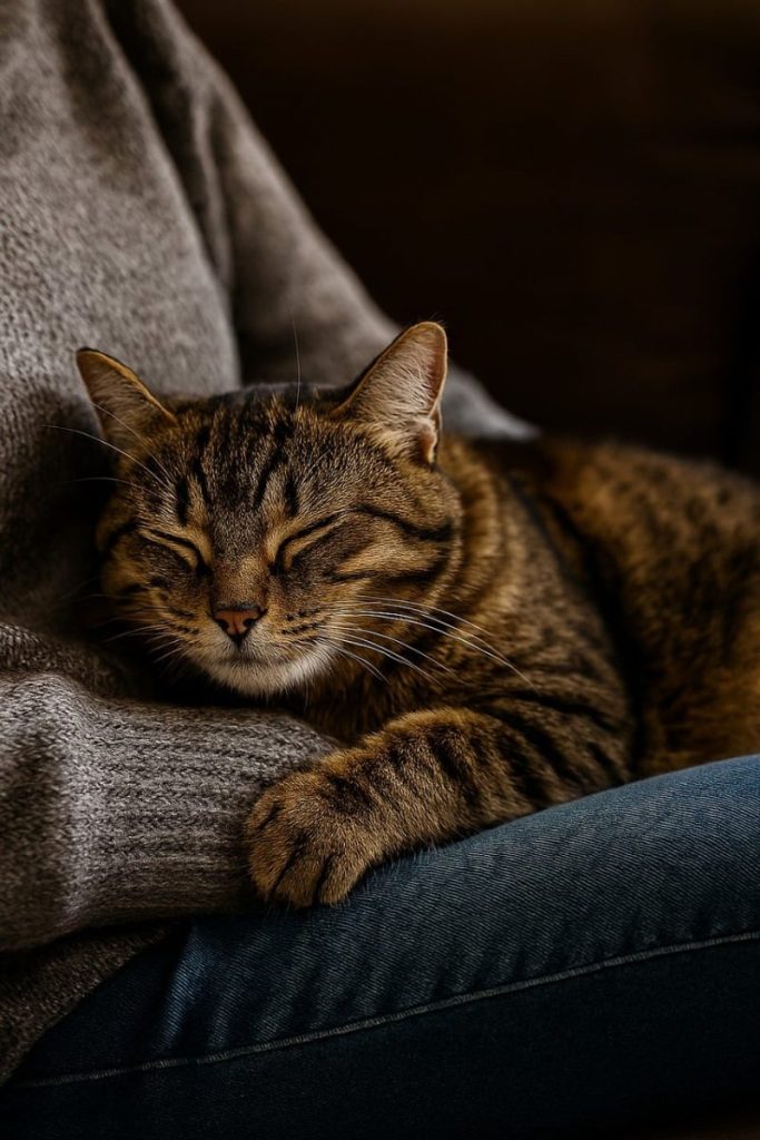 sleeping cat, tabby cat, lap cat, cozy cat, cat purring, domestic cat, fluffy cat, relaxing cat, content cat, cuddly cat, brown tabby cat, serene cat, cozy moment, realistic cat photo, sofa scene, ai generated