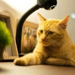 Ginger cat lounging near a desk lamp, creating a warm and cozy atmosphere indoors.