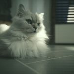 A serene Persian cat with fluffy fur sitting indoors in soft lighting.