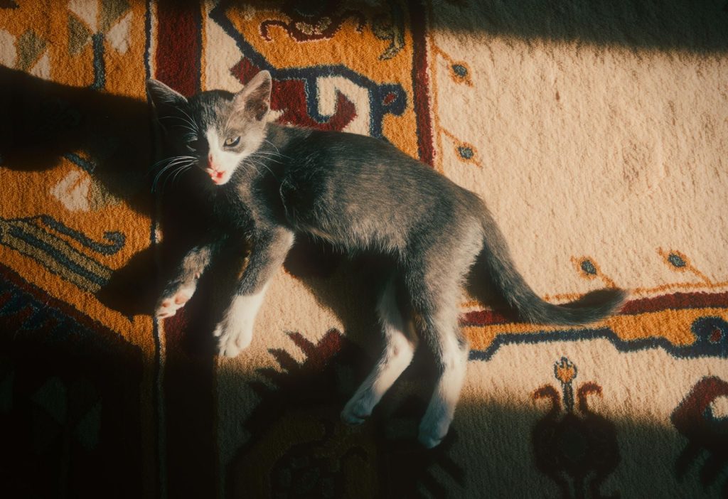 A cute kitten lies comfortably on a colorful patterned carpet, enjoying a sunny spot indoors.