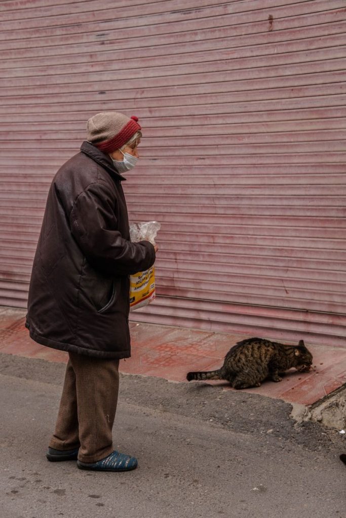 An elderly woman wears warm clothing and a mask as she feeds a stray cat on an urban street.