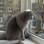 A grey British Shorthair cat sitting on a windowsill, looking outside on a winter day.