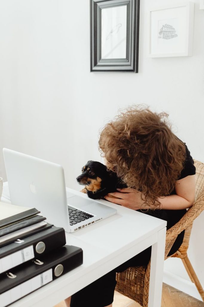 Curly-haired woman in a home office, working on a laptop with a Dachshund puppy.