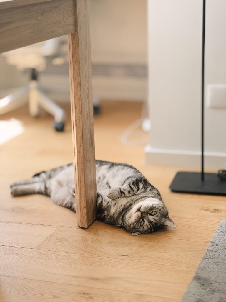 A cat is lounging on the floor under a table.