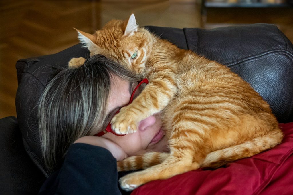 a woman laying on top of a couch next to a cat