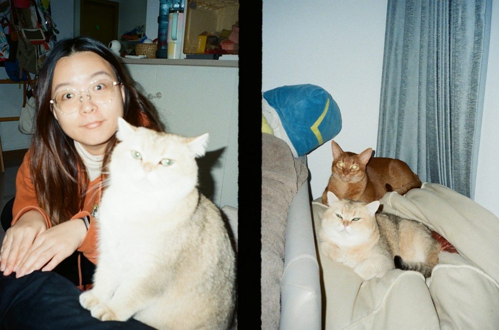 Woman with cat and three cats on sofa