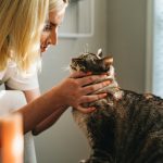 woman in white shirt holding brown tabby cat