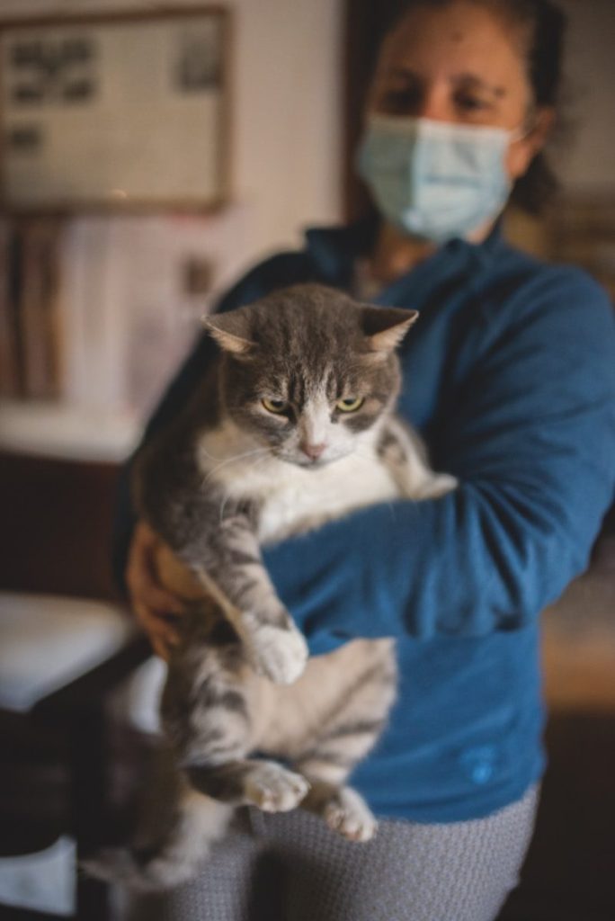 a woman wearing a face mask holding a cat