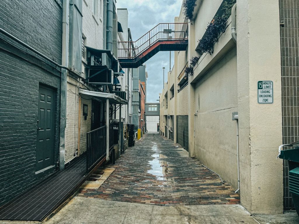 A narrow urban alleyway featuring wet brick pavement and an overhead walkway, showcasing architectural details.
