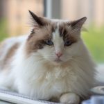 A fluffy Ragdoll cat with blue eyes relaxing indoors on a sunny day.