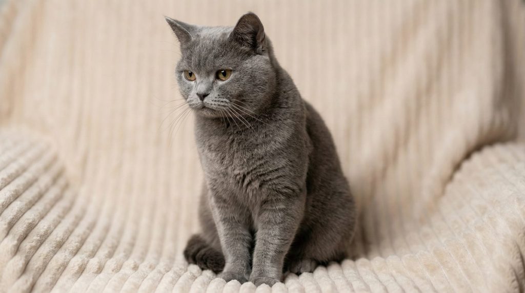 A grey cat sits on a textured blanket.