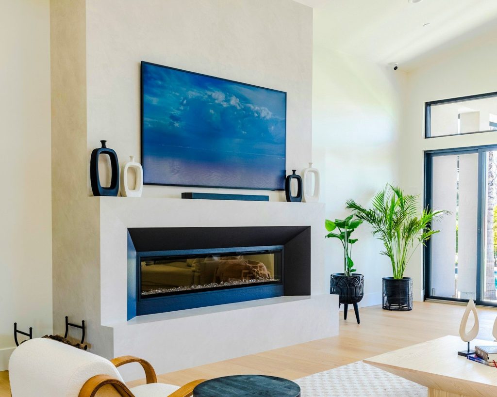 Modern living room with fireplace and large television