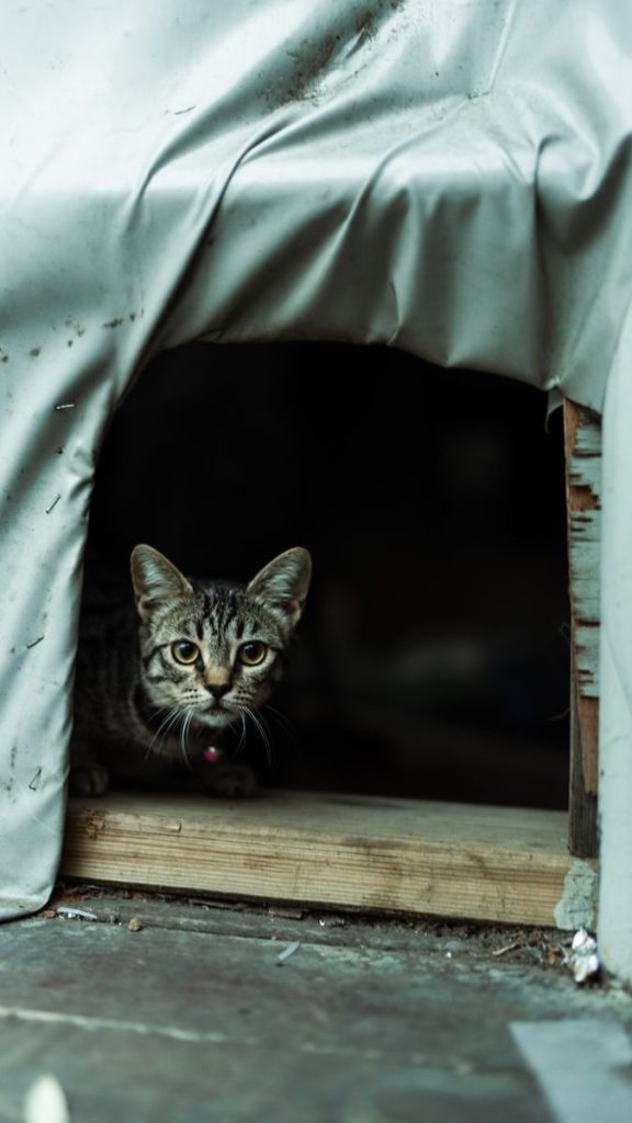 Adorable tabby kitten peeking from a makeshift shelter in Istanbul.