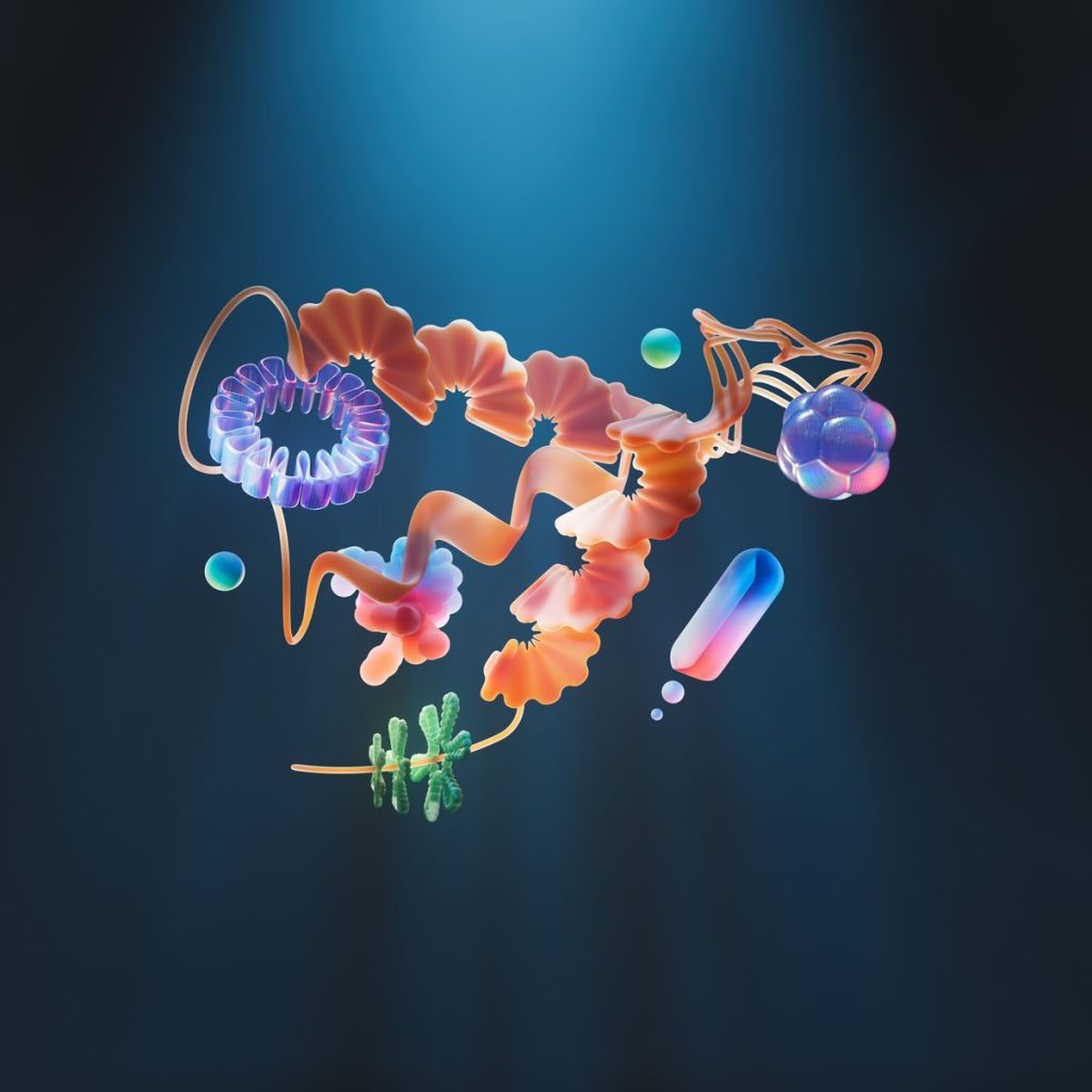 A 3D illustration of a colorful abstract molecular structure on a dark background.
