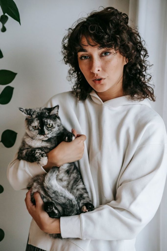 Adult female in soft clothes with curly hair cuddling cute cat while looking at camera in house