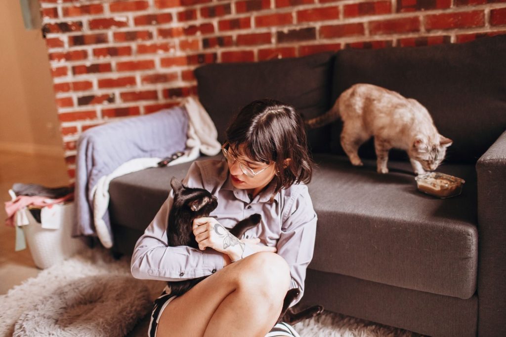 A woman lovingly cuddles a black cat indoors while another cat eats on the couch.
